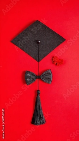 Fototapeta academia. Graduation cap with tassel and decorative bow on red background in a top-down view composition. event programs, museum guides, designed for cultural heritage projects and event programs.