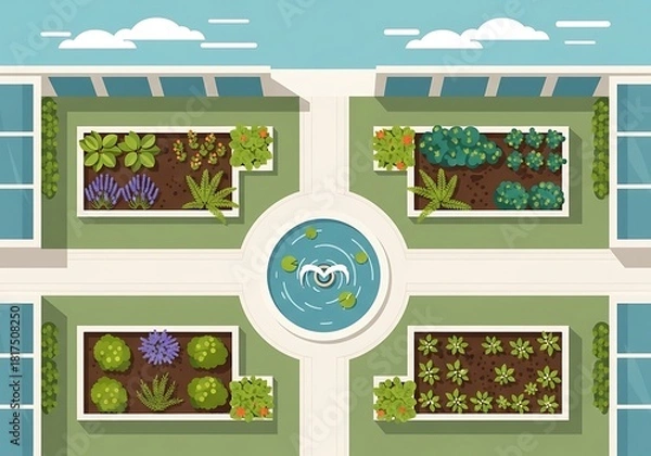 Fototapeta Elegant garden with decorative pool and lush greenery from above view