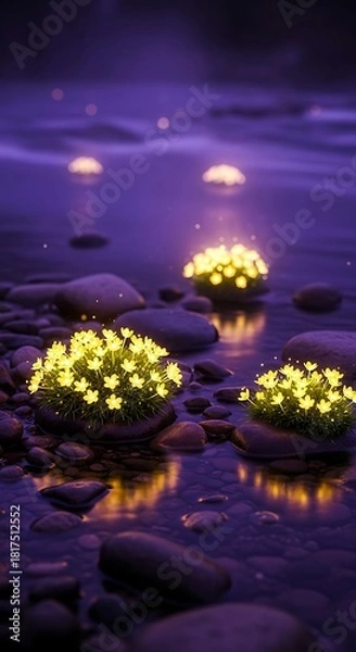 Fototapeta Luminous flora on river stones a whimsical evening serenity reflection