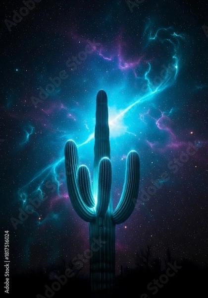 Fototapeta Surreal desert landscape with a saguaro cactus against a vibrant nebula