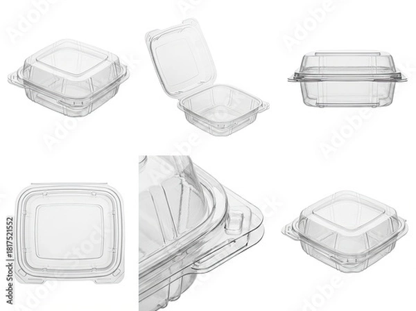 Fototapeta Clear plastic square food containers displayed on a white background