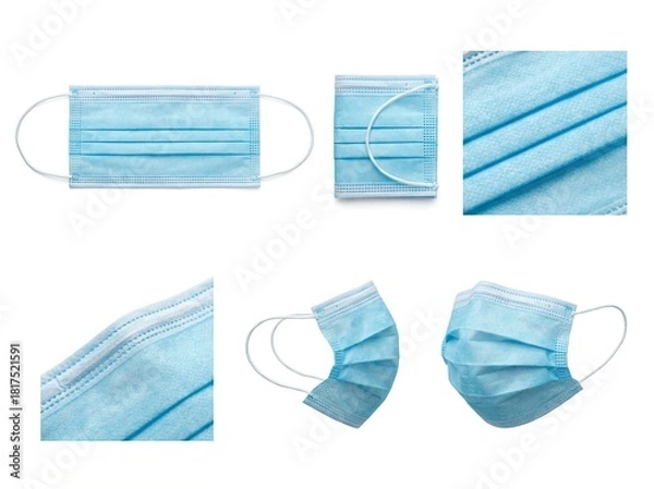 Obraz Blue surgical face masks on a white background for protection