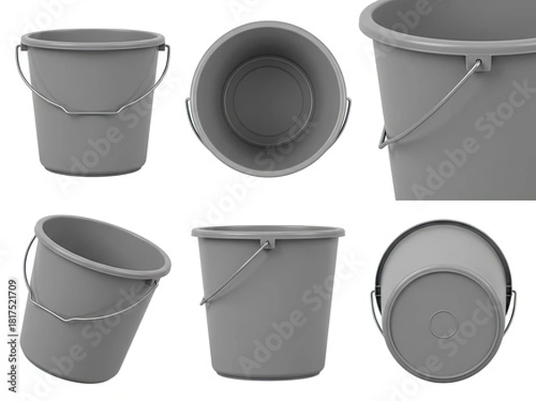 Fototapeta Grey plastic bucket with a metal handle in multiple views on a white background