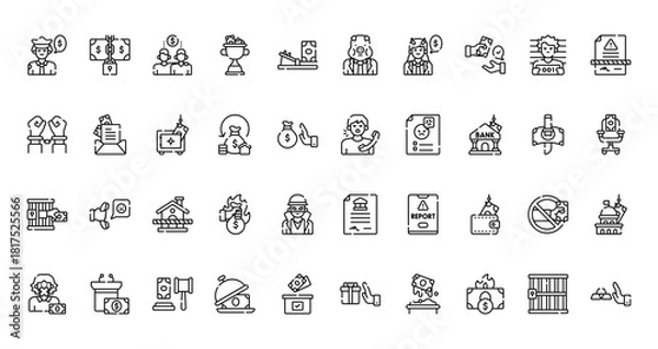 Fototapeta 40 set of outline web corruption icons such as property, corruptor, arrest, complaint, bribe, legal, silent money vector thin icons for report, presentation, diagram, web design, mobile app