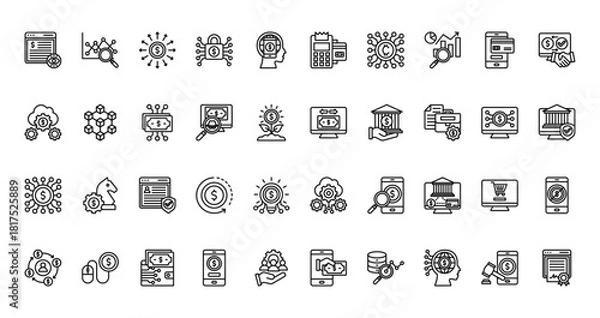 Fototapeta 40 set of outline web fintech icons such as competitor analysis, payment method, configuration, transfer, crowdfunding, saas, circulation vector thin icons for report, presentation, diagram, web