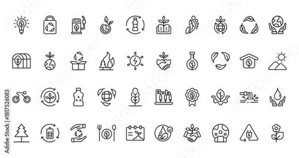 Fototapeta 40 set of outline web ecology icons such as eco bag, funding, green house, handshake, bicycle, green city, pine vector thin icons for report, presentation, diagram, web design, mobile app