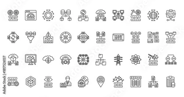 Fototapeta 40 set of outline web big data icons such as velocity, cloud storage, data exchange, load balaning, predictive modeling, sources, availability vector thin icons for report, presentation, diagram,