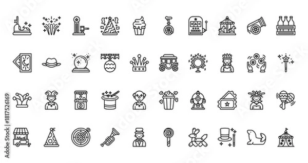Fototapeta 40 set of outline web carnival icons such as firecracker, unicycle, tarot card, carriage, joker hat, popcorn, food cart vector thin icons for report, presentation, diagram, web design, mobile app