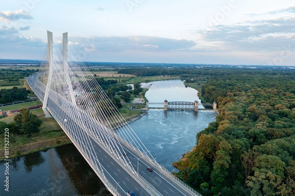 Obraz Road bridge with pylons, large road bridge and dam in the background. Wroclaw, Poland