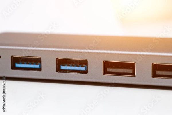 Obraz USB hub, docking station for USB 2.0, 3.0, USB ports close-up
