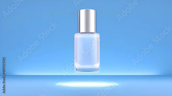 Obraz Clear glass cosmetic bottle with a silver cap, levitating above a faint glowing blue circular platform. Conveys clean, futuristic elegance, high-tech science, and cool hydration. Excellent for toners.