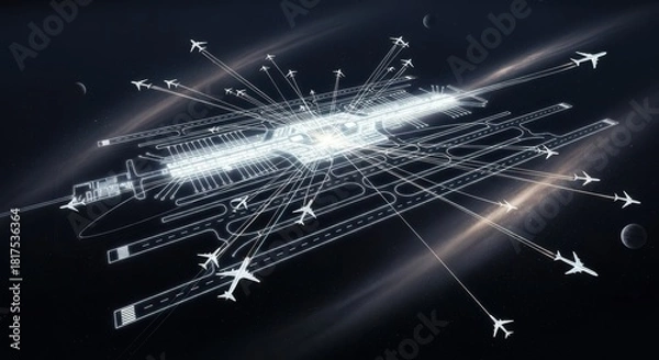Fototapeta Futuristic airport concept with airplane routes in space for travel design