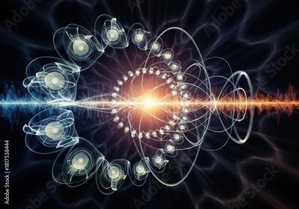 Fototapeta Dynamic soundwave visualization with pulsating energy core and speakers