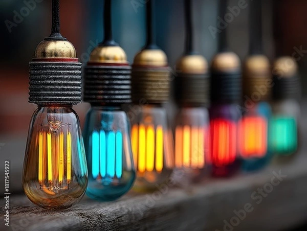 Fototapeta Colorful Vintage Light Bulbs Hanging in a Row with Warm Glow