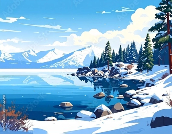 Fototapeta This illustration beautifully captures Lake Tahoe, located on the border of Californi