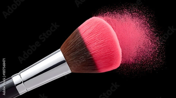 Fototapeta Makeup brush with bright pink synthetic bristles flicking a cloud of pink powder against a solid black background.