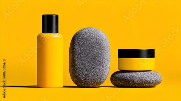 Obraz Minimalist display of yellow cosmetic bottle and jar with black caps, balanced with natural gray river stones on a vibrant yellow background. 