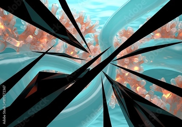 Fototapeta Abstract aquatic dreamscape with coral fragments and glass shards