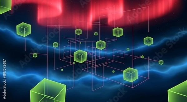 Fototapeta Abstract Data Network with Luminous Elements and Atmospheric Aurora