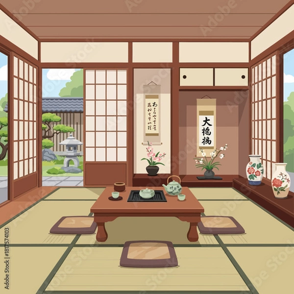 Obraz Traditional Japanese room with tatami mats, shoji screens, and serene garden view
