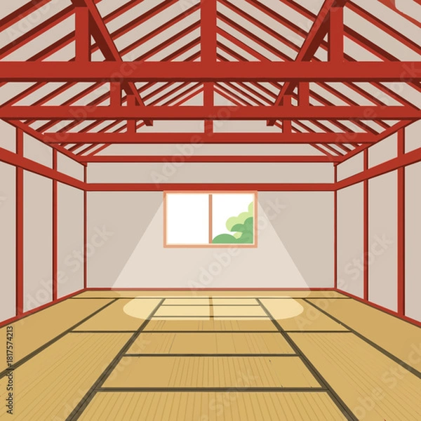 Fototapeta Traditional tatami room with red wood architecture and serene nature view
