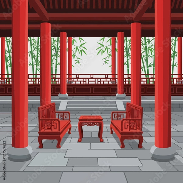 Fototapeta Tranquil Asian Courtyard with Bamboo, Pillars and Traditional Seating Area