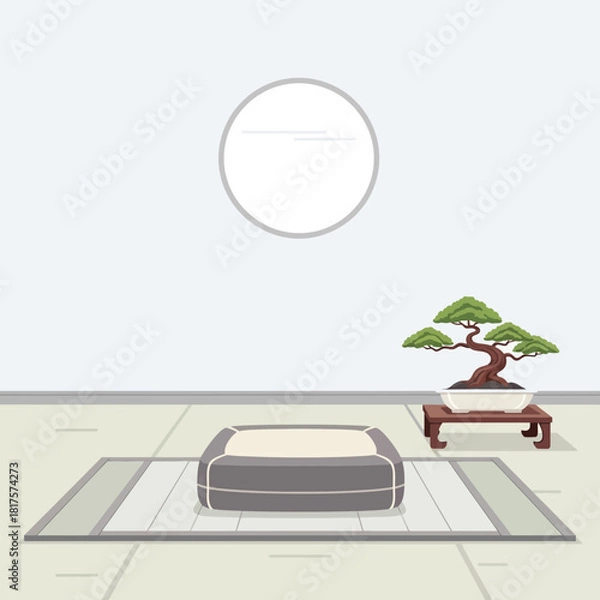 Fototapeta Tranquil Interior Scene with Bonsai Tree, Meditation Cushion and Subtle Details