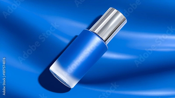 Obraz Frosted blue glass bottle with a silver cap and opaque liquid, tilted on a wavy satin blue background.