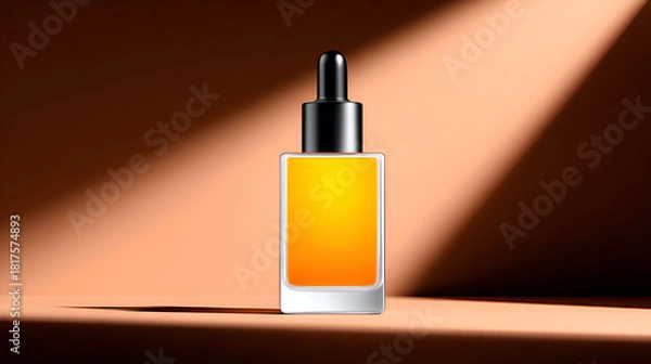 Obraz Rectangular dropper bottle with a black cap and bright yellow-orange liquid, highlighted by a dramatic diagonal spotlight on a warm brown background.