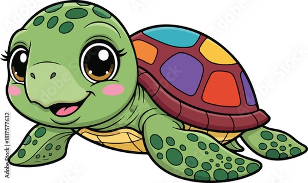 Fototapeta Cute cartoon sea turtle character with colorful shell isolated on white background for children's design