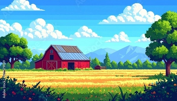 Fototapeta Pixel art arcade game scene with wood house, trees, fence and clouds_8bit background 