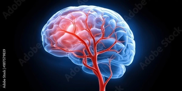 Fototapeta Concept of ischemic stroke. A colorful illustration of a human brain with visible blood vessels, showcasing neural connections and highlighting cognitive functions.