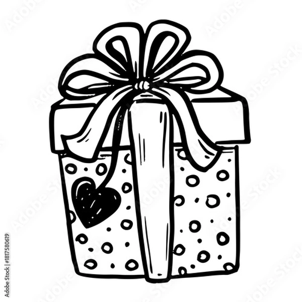 Fototapeta Gift box with heart and dot print vector illustration in doodle sketch style hand drawn outline in black and white. Cute symbol for valentines day design. Great for Christmas card. Ideal for birthday.