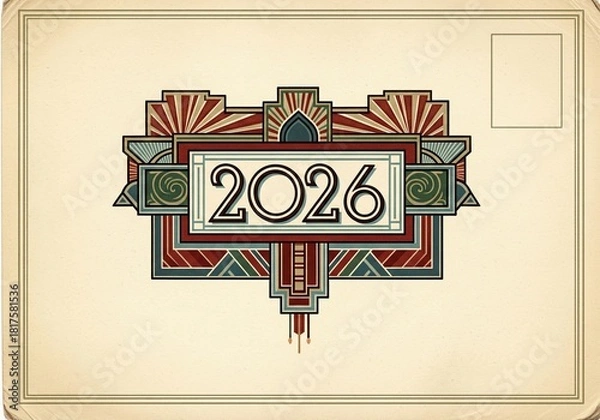 Obraz Vintage postcard design featuring 2026 in a striking Art Deco style with rich, muted colors and geometric flair