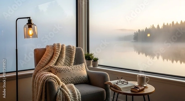 Fototapeta Peaceful reading nook with misty lake view in the early morning light