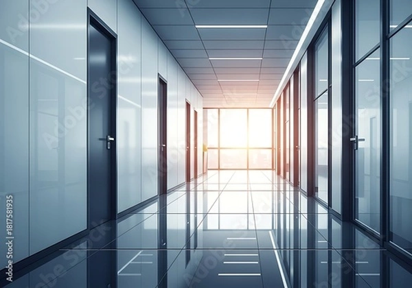 Fototapeta Perspective View of a Modern Office Building Corridor, Reflective Floors