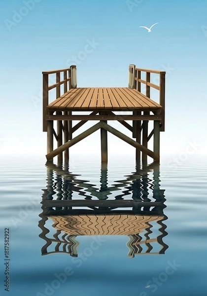 Fototapeta Seascape composition with wooden dock, bird soaring under tranquil sky