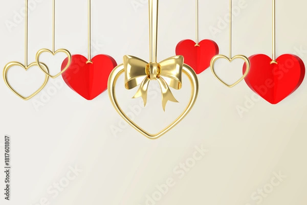 Obraz Hanging golden heart with bow and red heart paper style for Valentine's Day, Mother's Day, or wedding. 3d rendering illustration