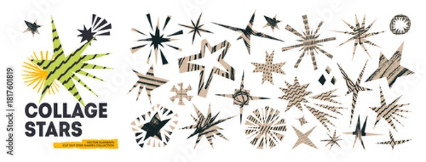 Obraz Cutout jagged irregular star shapes with crayon doodles and texture. Asymmetric angular starlike forms. Scrapbook and zine collage star icons with playful chalk scribbles, freehand brush strokes.