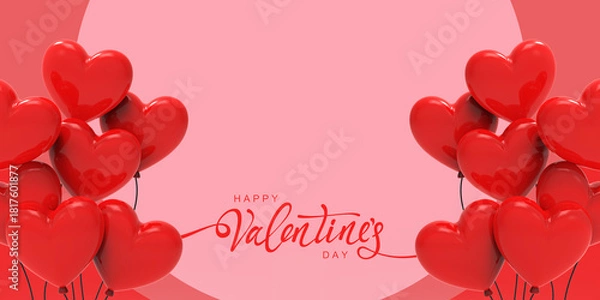Obraz Red Valentine's Day background with hanging golden heart and happy valentine's day word