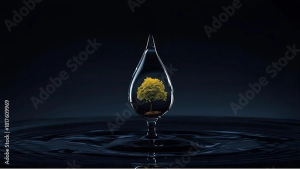 Fototapeta A plant in the drop of water on black background
