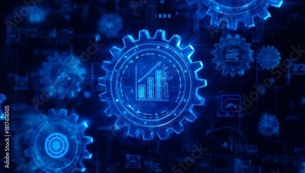 Obraz Glowing Blue Gears with Rising Bar Graph - Technology and Progress.