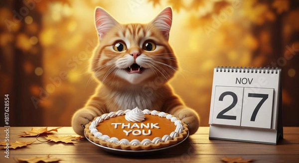 Obraz Funny fluffy ginger cat holding pumpkin pie with Thank You inscription gratitude next to calendar showing November 27 Thanksgiving Day concept.
