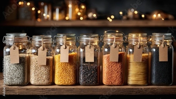 Fototapeta Holistic and Sustainable Lifestyle Resolutions, pantry jars filled with lentils, pasta, and grains neatly arranged on rustic kitchen shelf with warm ambient lighting, reflecting zero-waste habits