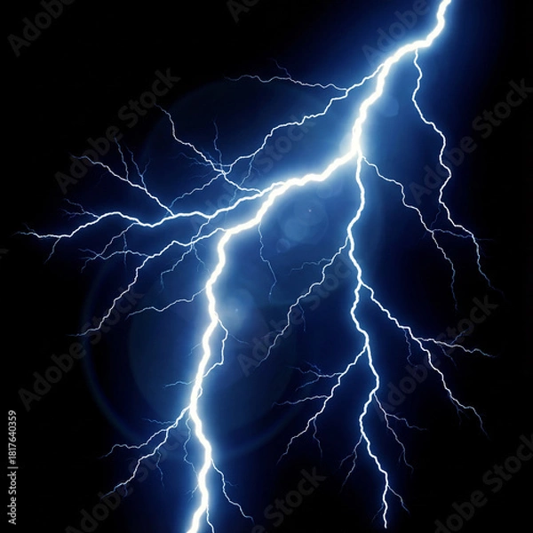 Obraz Realistic Electric Blue Lightning Bolt Strike Isolated on Absolute Pure Black Background for Overlay Compositing