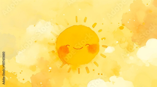 Fototapeta 温かみのある黄色の背景と優しい笑顔の可愛い太陽の水彩イラスト