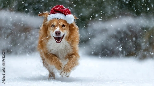 Fototapeta A joyful dog wearing a santa hat is running in the snow