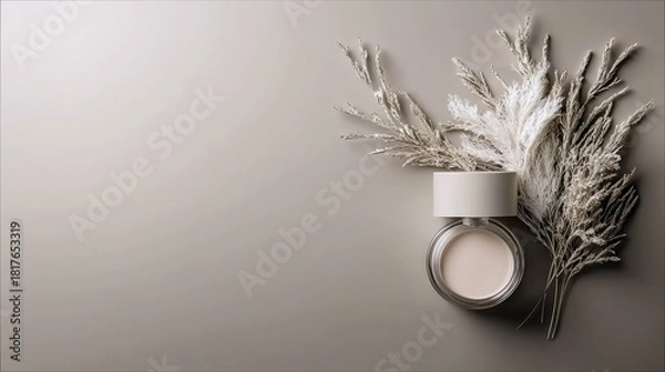 Fototapeta A clear glass jar containing a pale cream cosmetic product, topped with a beige lid, sits beside a bouquet of dried pampas grass on a smooth, neutral gray surfa