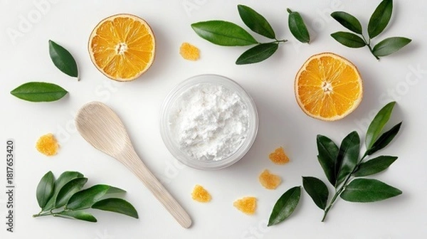 Fototapeta A flat lay composition featuring a jar of white powder, dried orange slices, fresh green leaves, and a wooden spoon, arranged on a clean white surface. The ligh