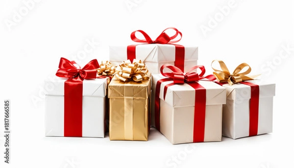 Obraz stack of christmas gifts with contrasting red and gold decorative bows